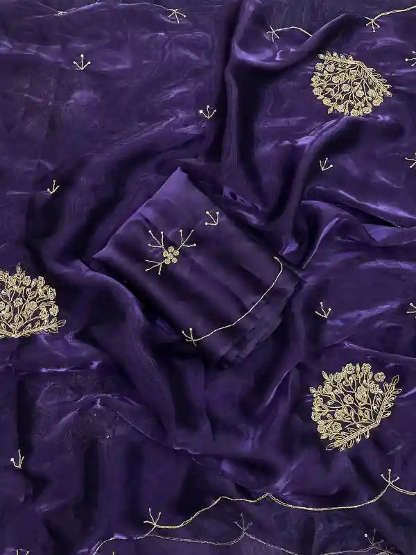 Dark Purple Satin Shimmery Tissue Silk Saree with Real Handwork