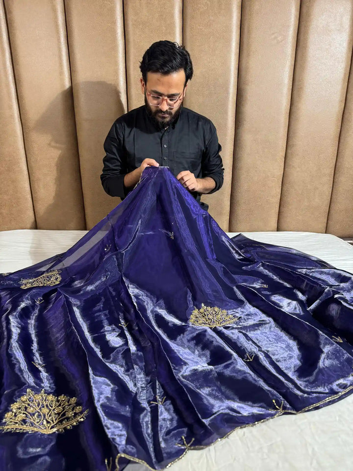 Dark Purple Satin Shimmery Tissue Silk Saree with Real Handwork