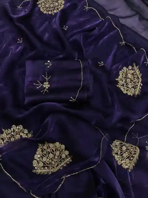 Dark Purple Satin Shimmery Tissue Silk Saree with Real Handwork