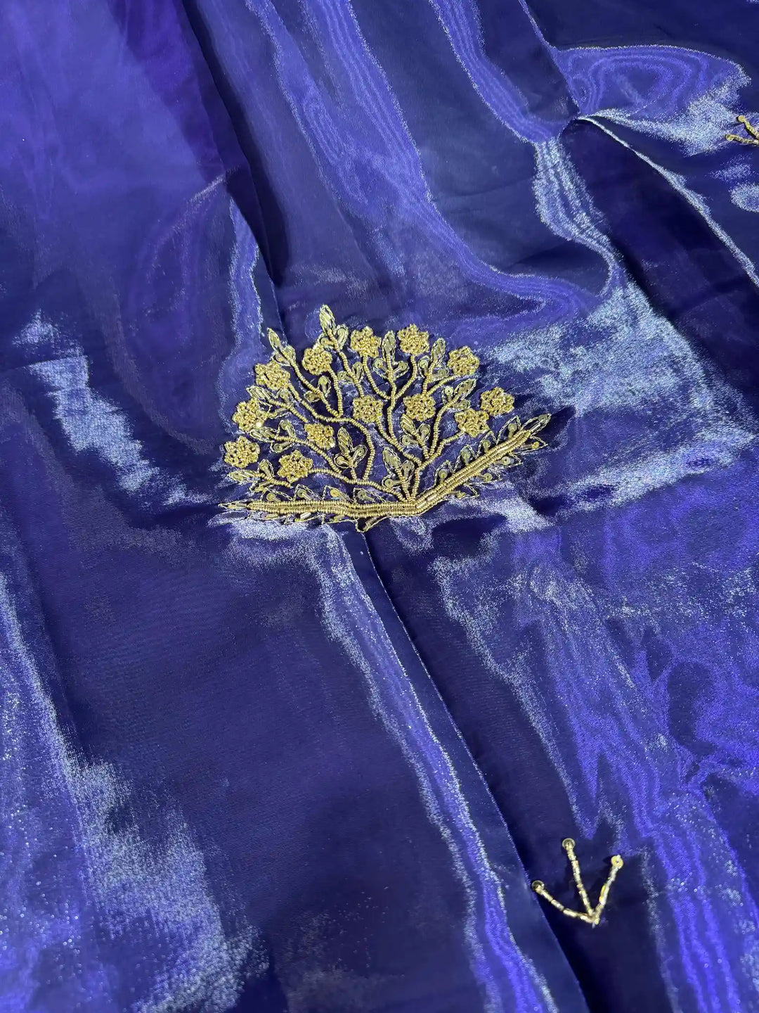 Dark Purple Satin Shimmery Tissue Silk Saree with Real Handwork