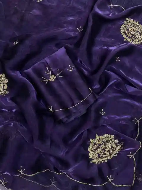 Dark Purple Satin Shimmery Tissue Silk Saree with Real Handwork