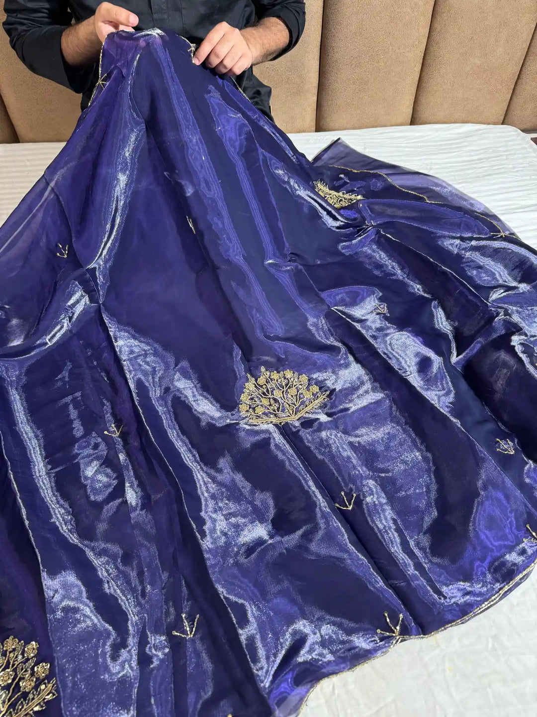 Dark Purple Satin Shimmery Tissue Silk Saree with Real Handwork