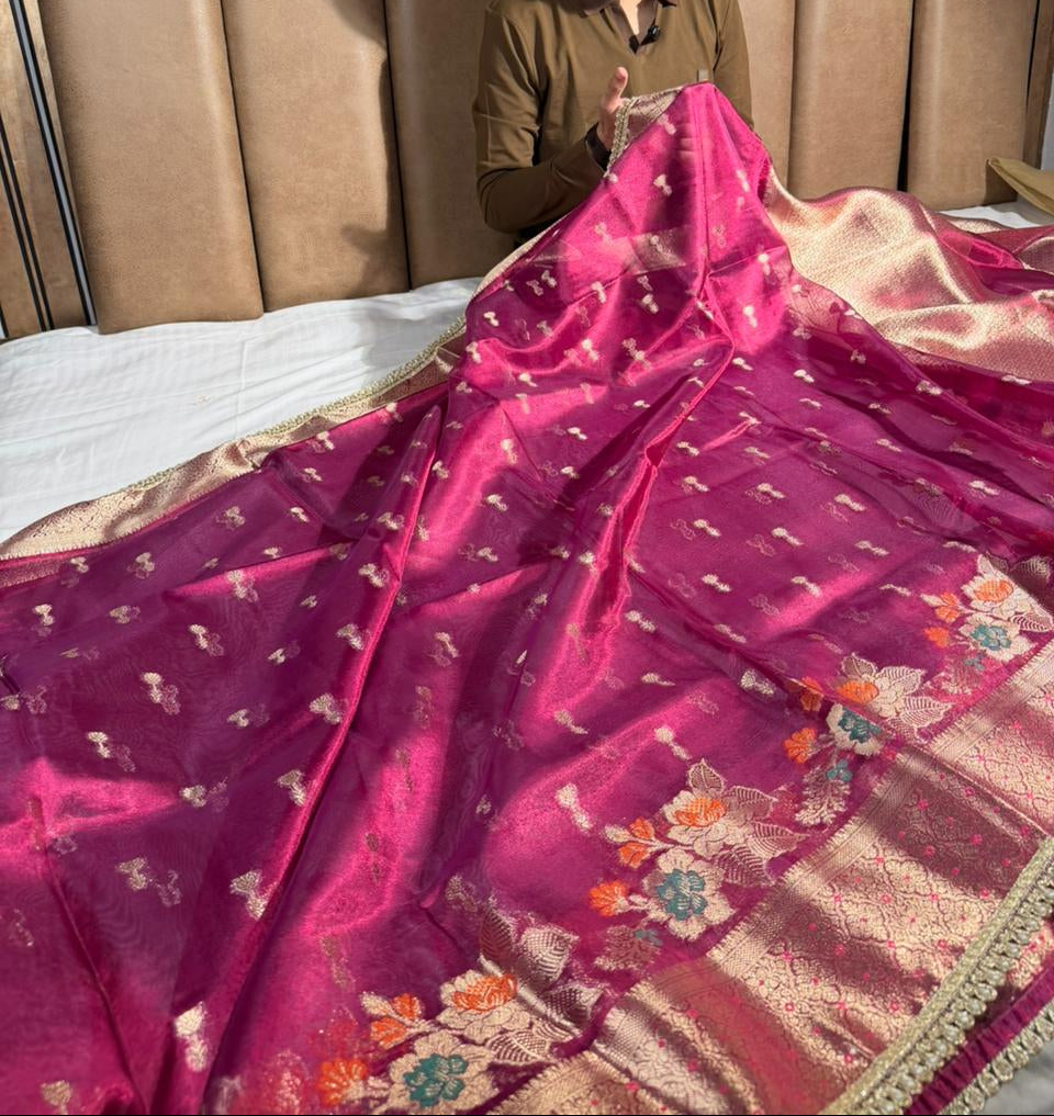 Dark Rani Kora tissue silk designer Banarasi Saree 