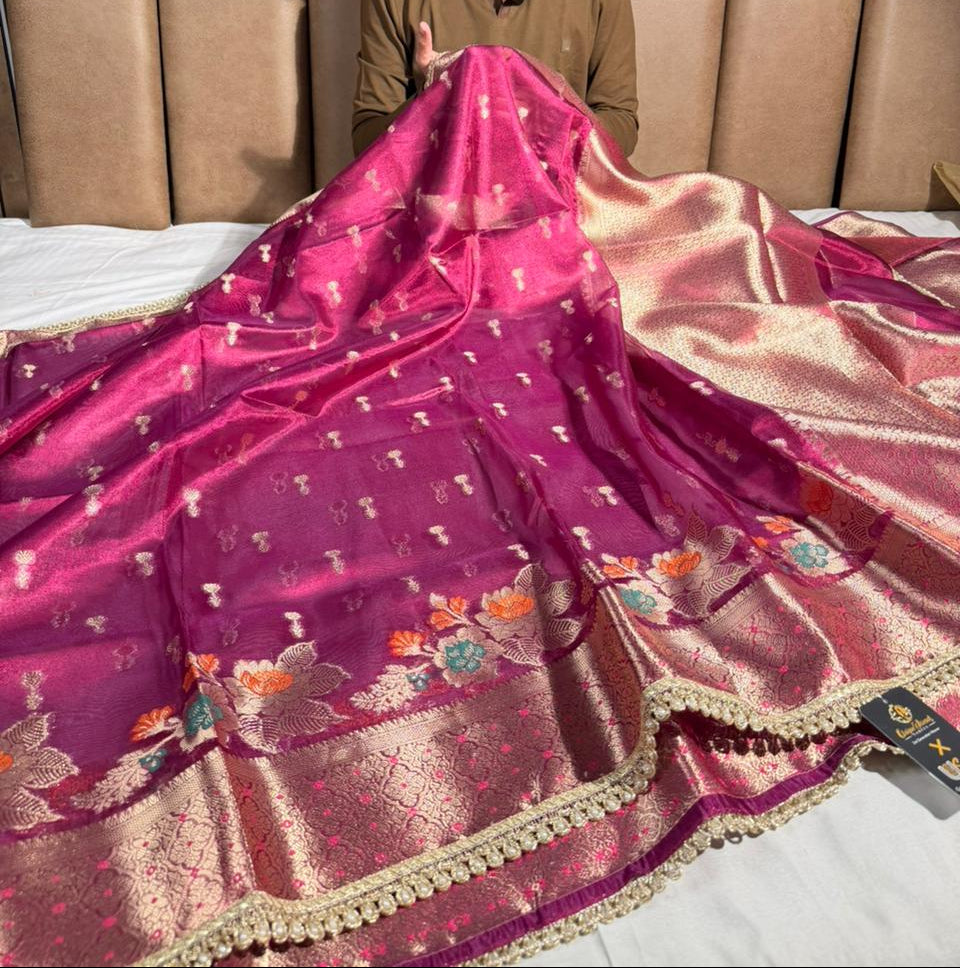 Dark Rani Kora tissue silk designer Banarasi Saree 