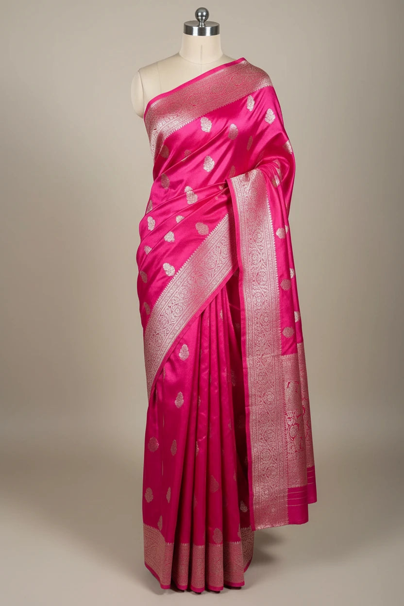 Dark Rani Mashru Katan Silk Traditional Buta Weave Banarasi Saree