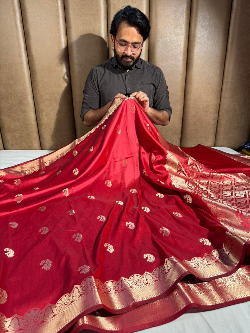 Dark Red Banarasi Semi Katan Silk Saree with Rich Pallu and Blouse