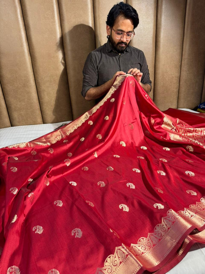 Dark Red Banarasi Semi Katan Silk Saree with Rich Pallu and Blouse