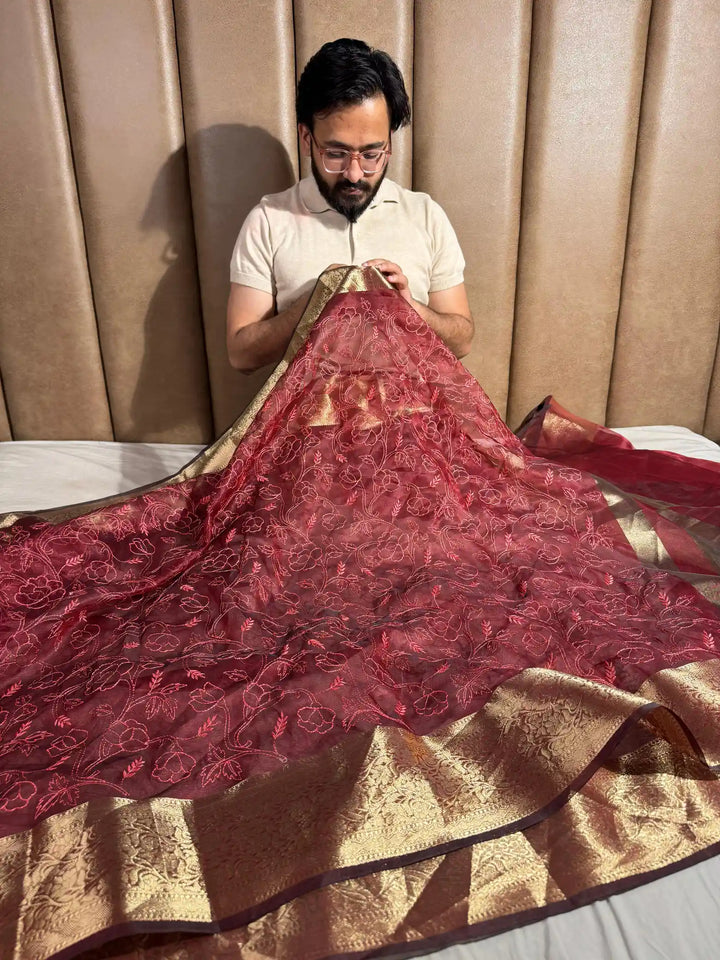 Dark Red Banarasi Tissue Chikankari Saree with Rich Pallu & Blouse