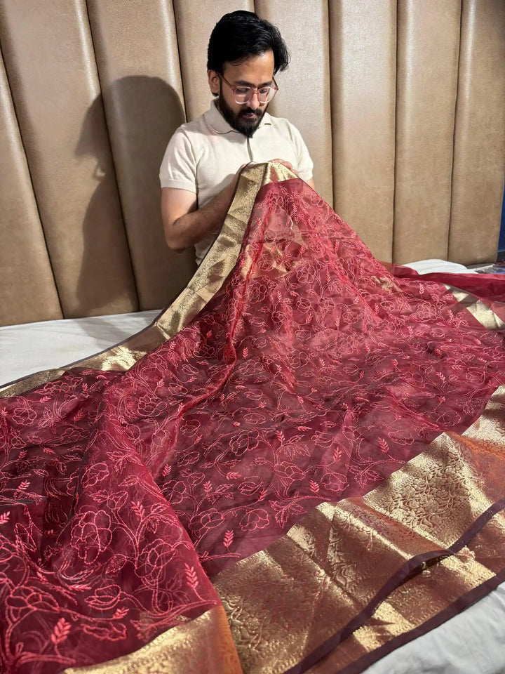 Dark Red Banarasi Tissue Chikankari Saree with Rich Pallu & Blouse