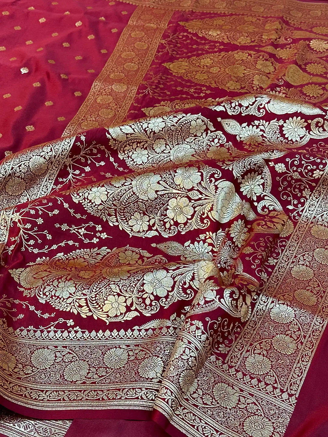 Dark Red Satin Silk Saree with Buta Design and Classical Pallu