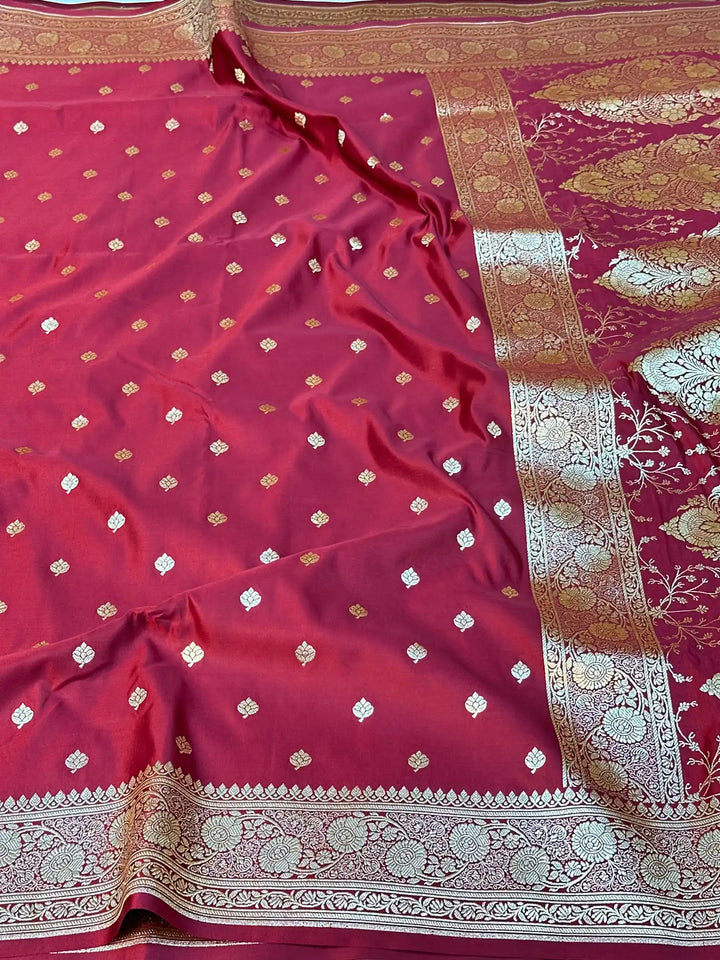 Dark Red Satin Silk Saree with Buta Design and Classical Pallu