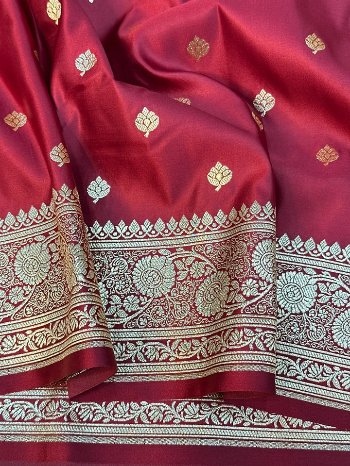 Dark Red Satin Silk Saree with Buta Design and Classical Pallu