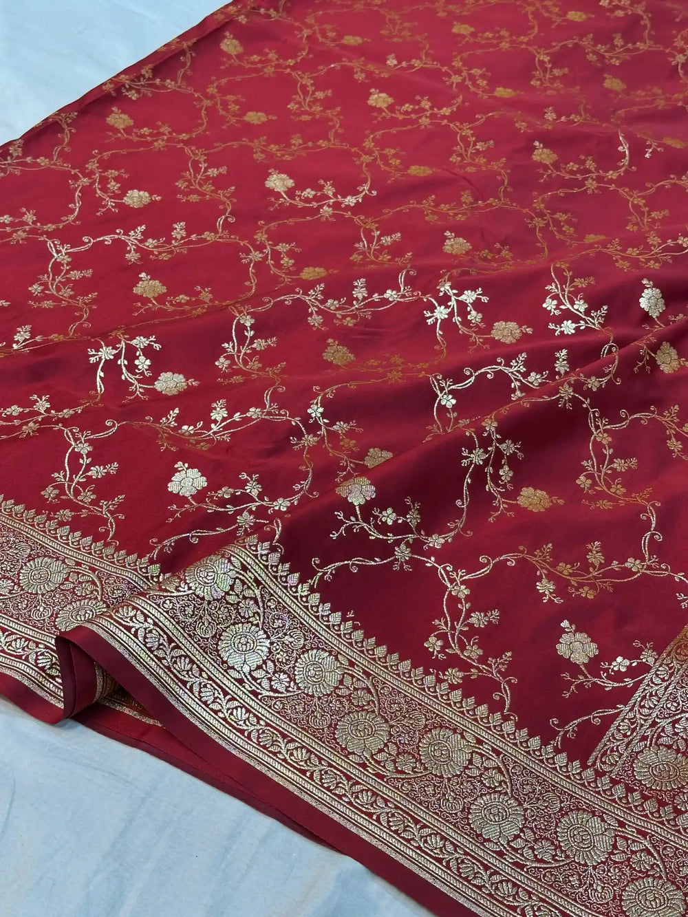 Dark Red Satin Silk Saree with Rich Texture Design and Classical Pallu