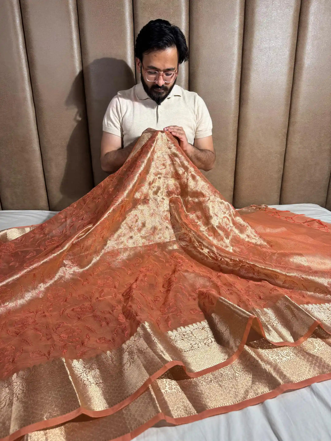 Dark Salmon Banarasi Tissue Chikankari Saree with Rich Pallu & Blouse