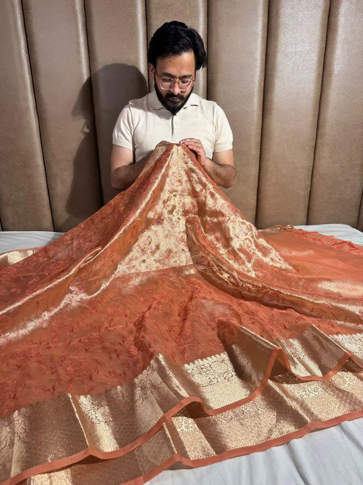 Dark Salmon Banarasi Tissue Chikankari Saree with Rich Pallu & Blouse