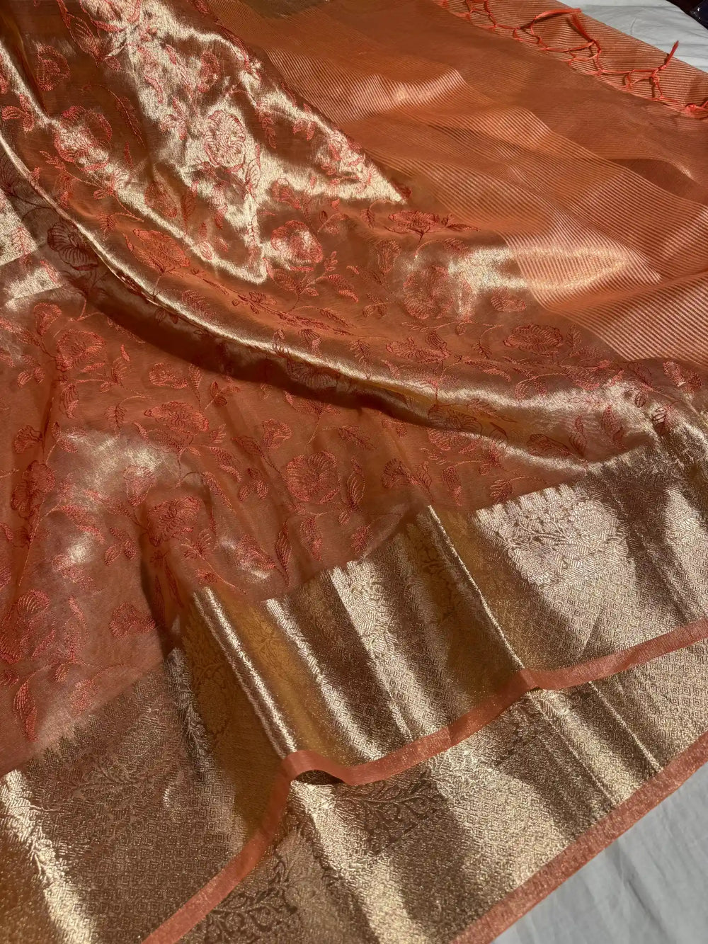 Dark Salmon Banarasi Tissue Chikankari Saree with Rich Pallu & Blouse