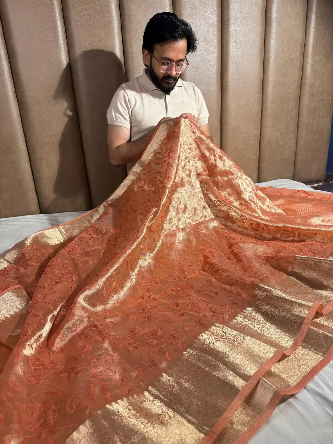 Dark Salmon Banarasi Tissue Chikankari Saree with Rich Pallu & Blouse