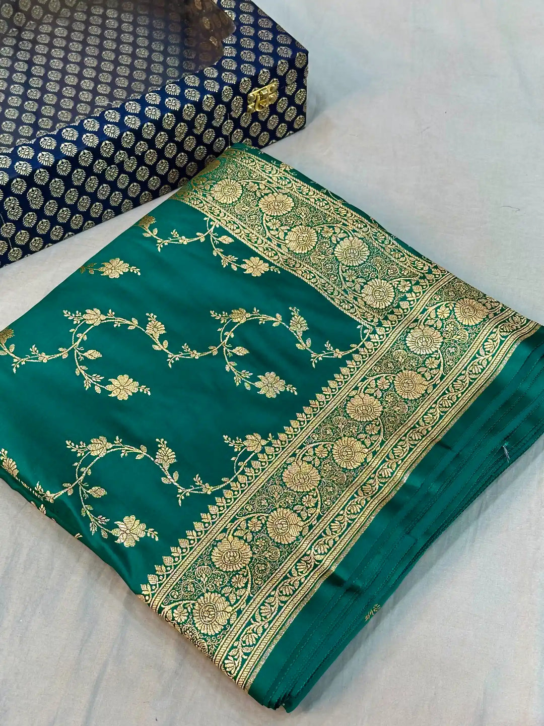 Dark Sea Green Satin Silk Saree with Rich Texture Design and Classical Pallu