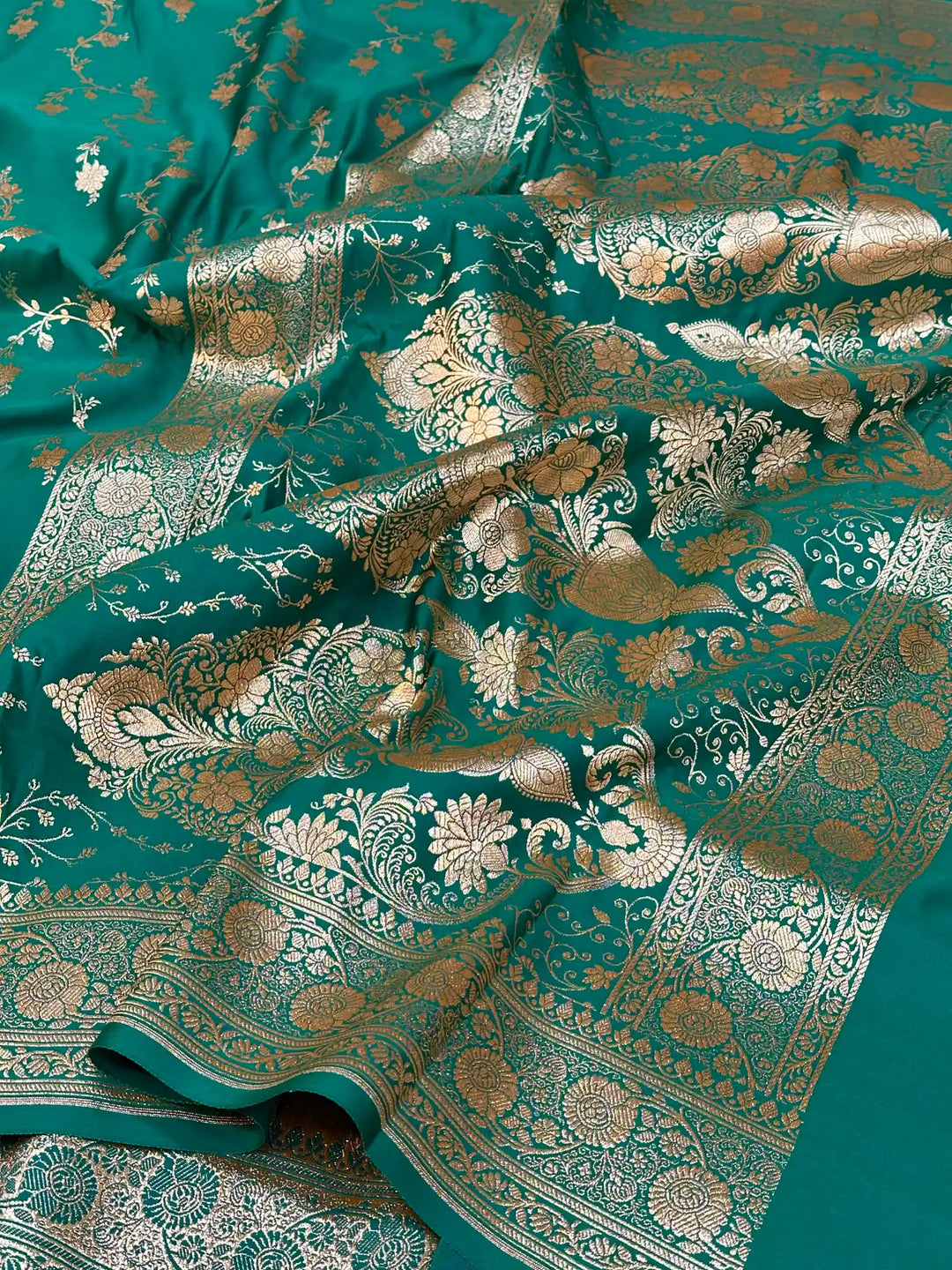 Dark Sea Green Satin Silk Saree with Rich Texture Design and Classical Pallu