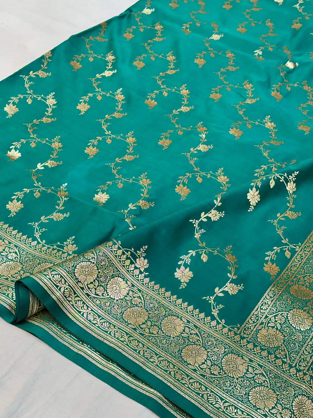 Dark Sea Green Satin Silk Saree with Rich Texture Design and Classical Pallu