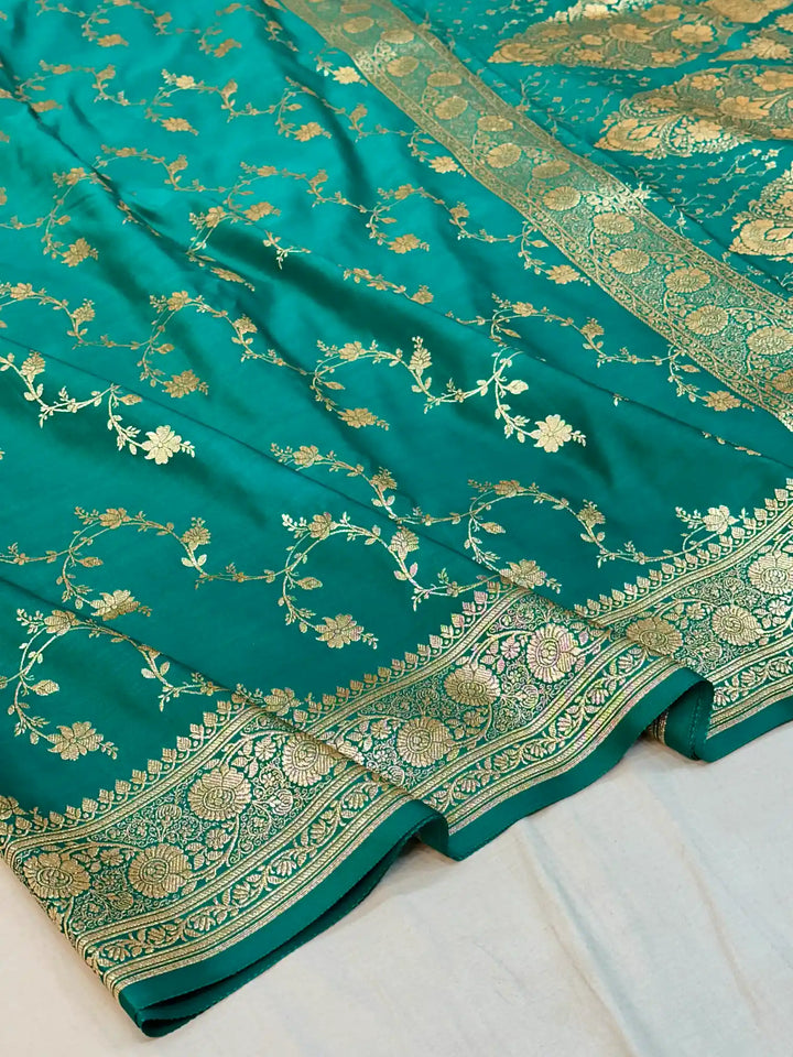 Dark Sea Green Satin Silk Saree with Rich Texture Design and Classical Pallu