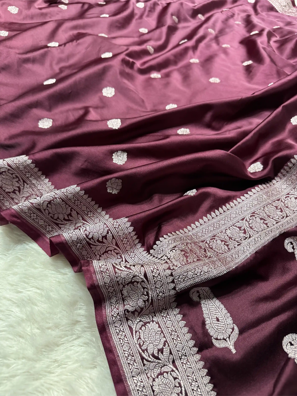 Dark Wine Mashru Katan Silver Zari Khaddi Buti Concept Banarasi Saree