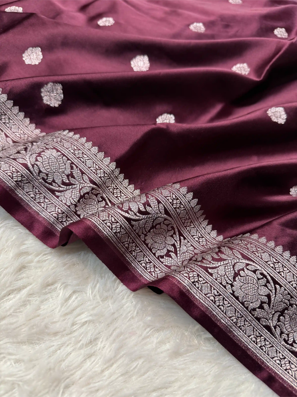 Dark Wine Mashru Katan Silver Zari Khaddi Buti Concept Banarasi Saree