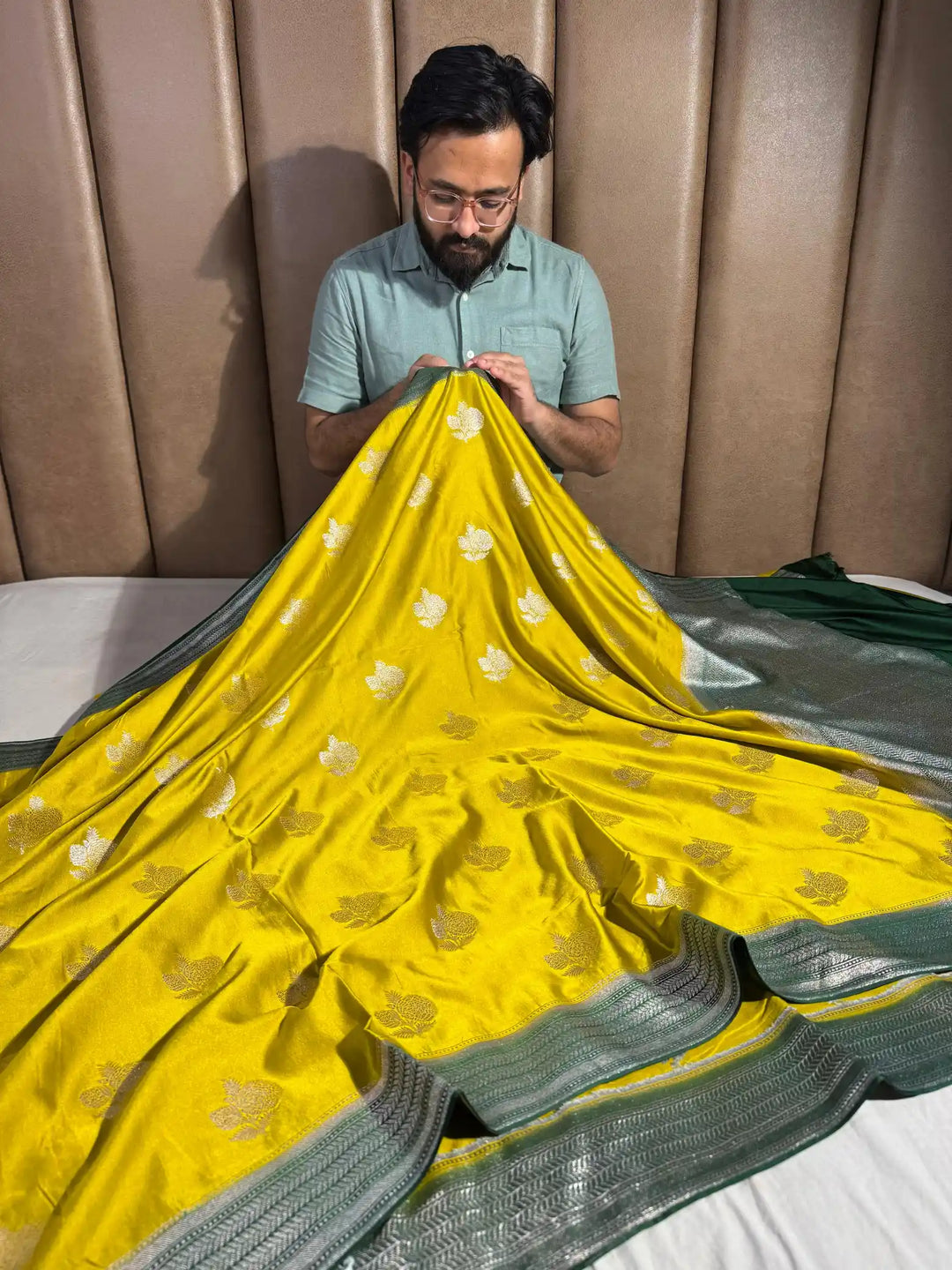 Dark Yellow Banarasi Mashru Katan Silk Saree with Rich Pallu and Blouse