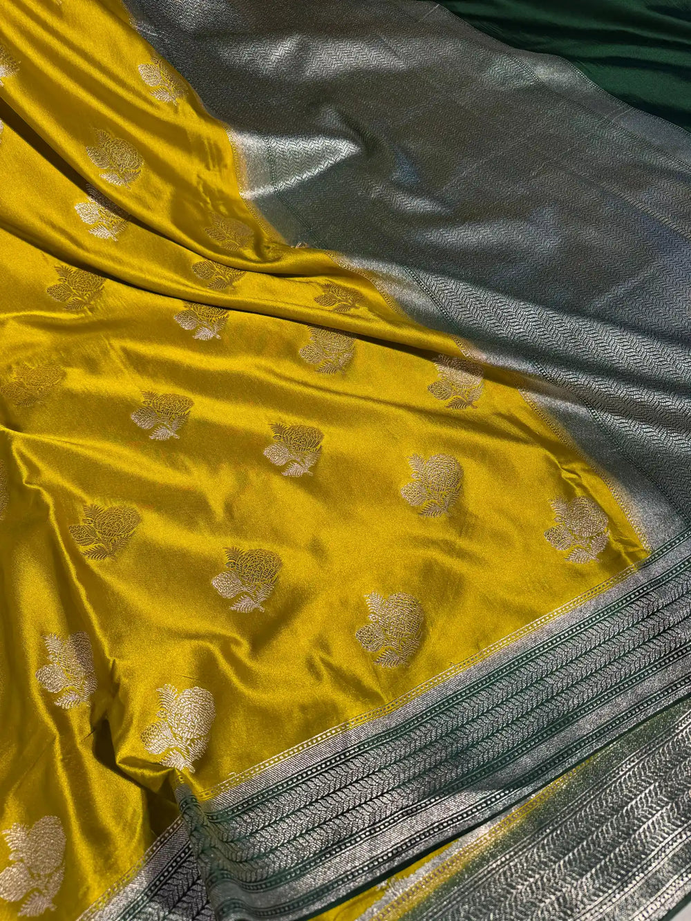 Dark Yellow Banarasi Mashru Katan Silk Saree with Rich Pallu and Blouse