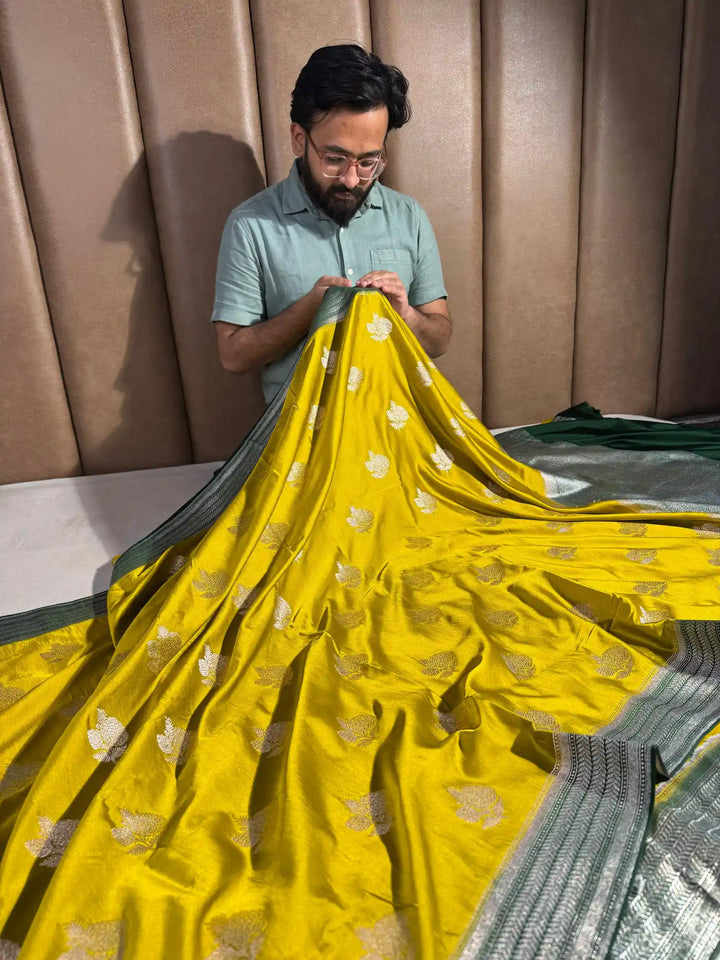 Dark Yellow Banarasi Mashru Katan Silk Saree with Rich Pallu and Blouse