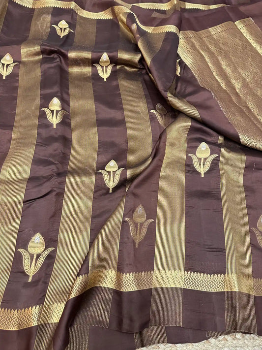 Dark Brown Raw Mango Silk Banarasi Saree