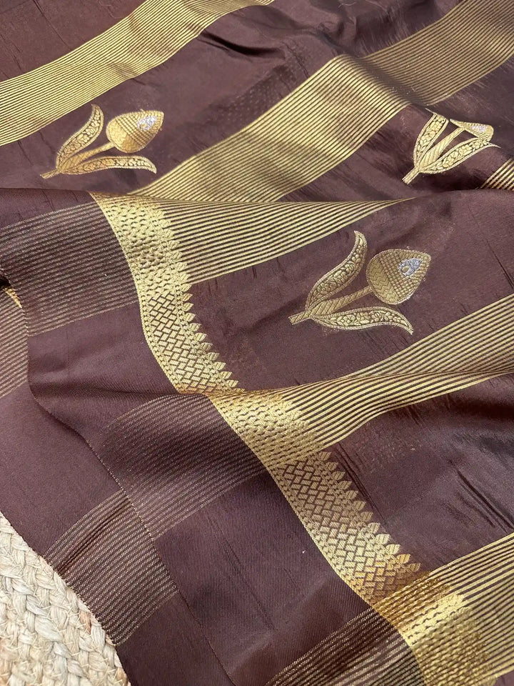 Dark Brown Raw Mango Silk Banarasi Saree