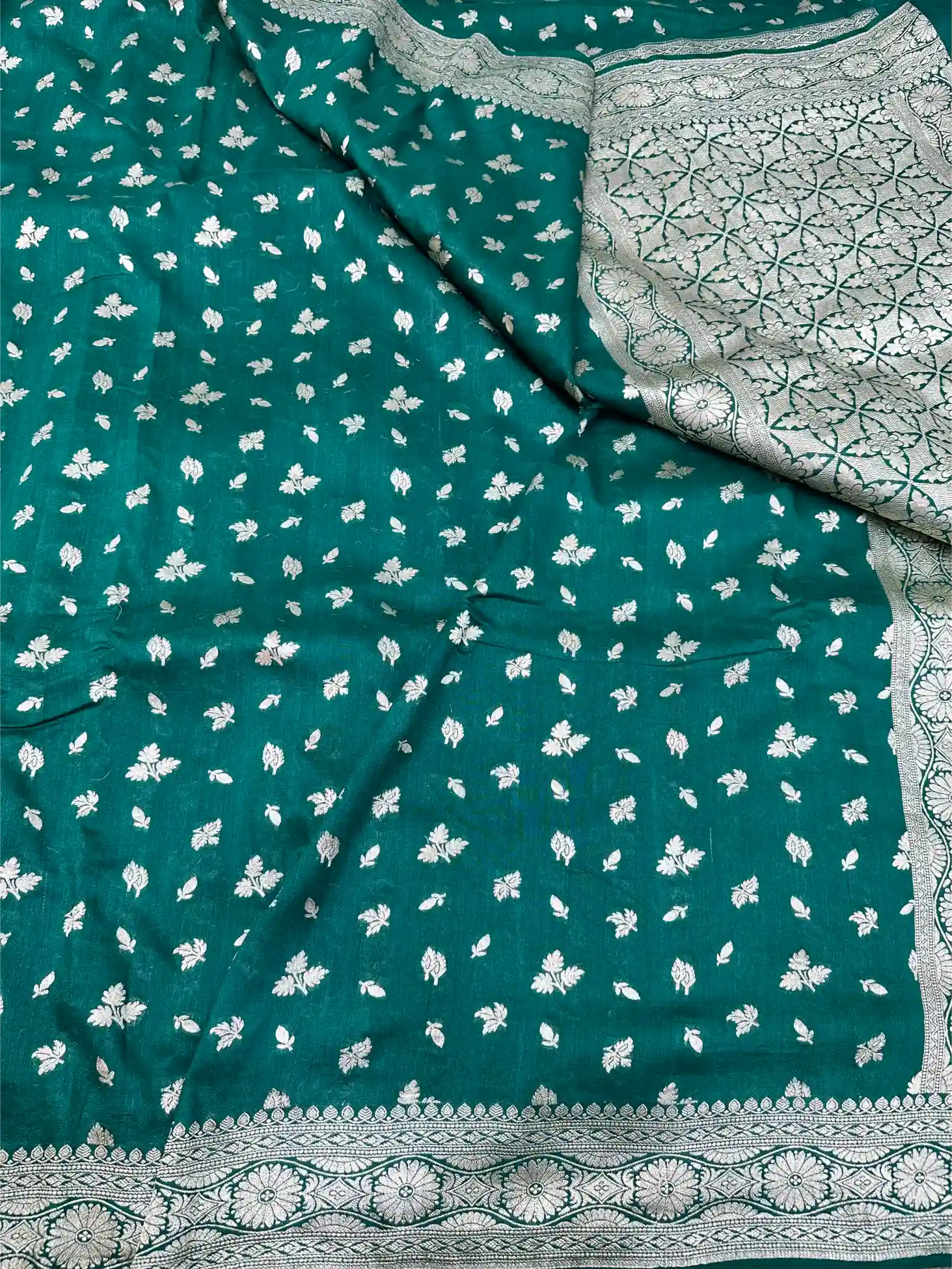 Dark Green Buti Motifs Munga Silk Saree