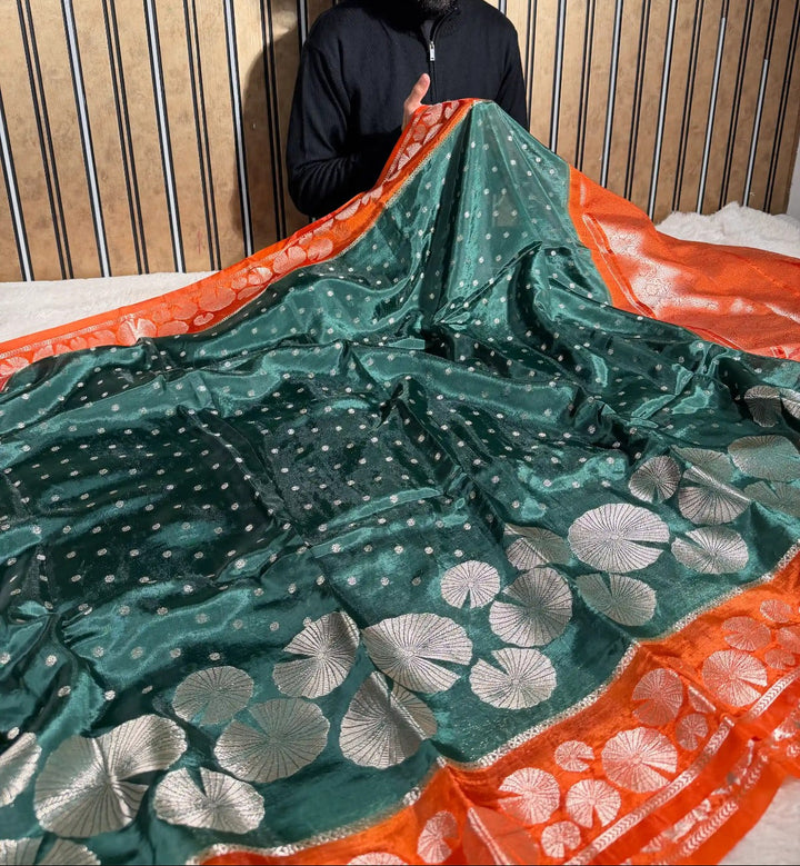Dark Green Chinia Silk Contemporary Banarasi Saree