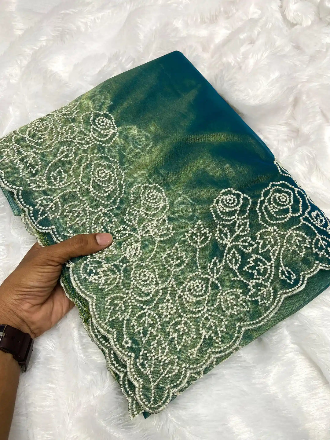 Dark Green Premium Tissue with Chikankari Work