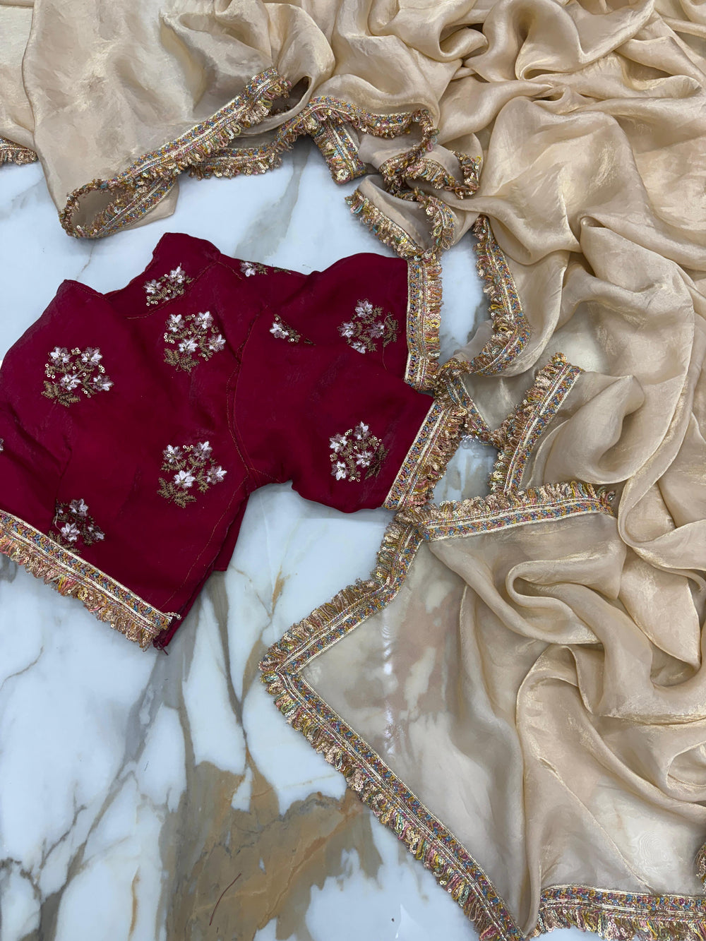 Dark Ivory Shimmery Tissue Saree With Pretty Lace Work