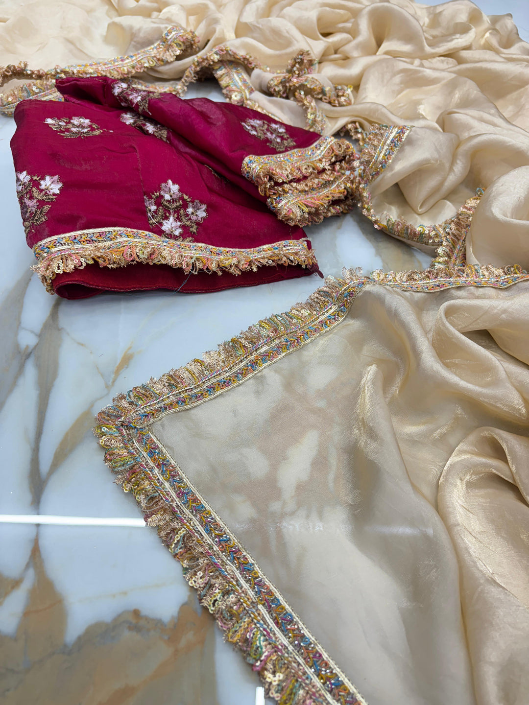 Dark Ivory Shimmery Tissue Saree With Pretty Lace Work