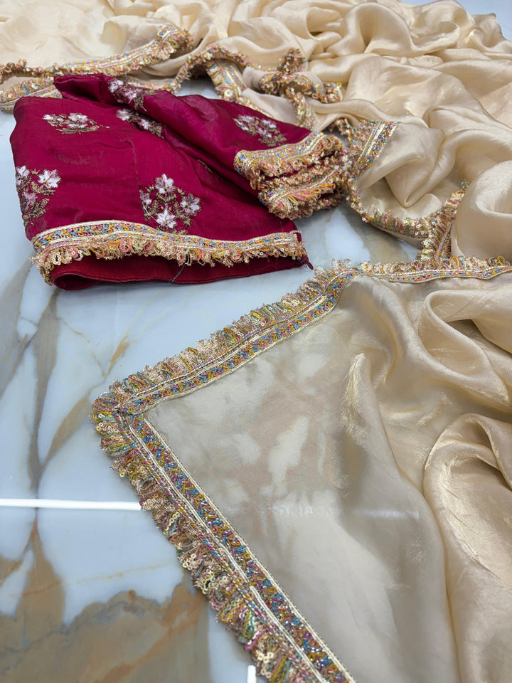 Dark Ivory Shimmery Tissue Saree With Pretty Lace Work