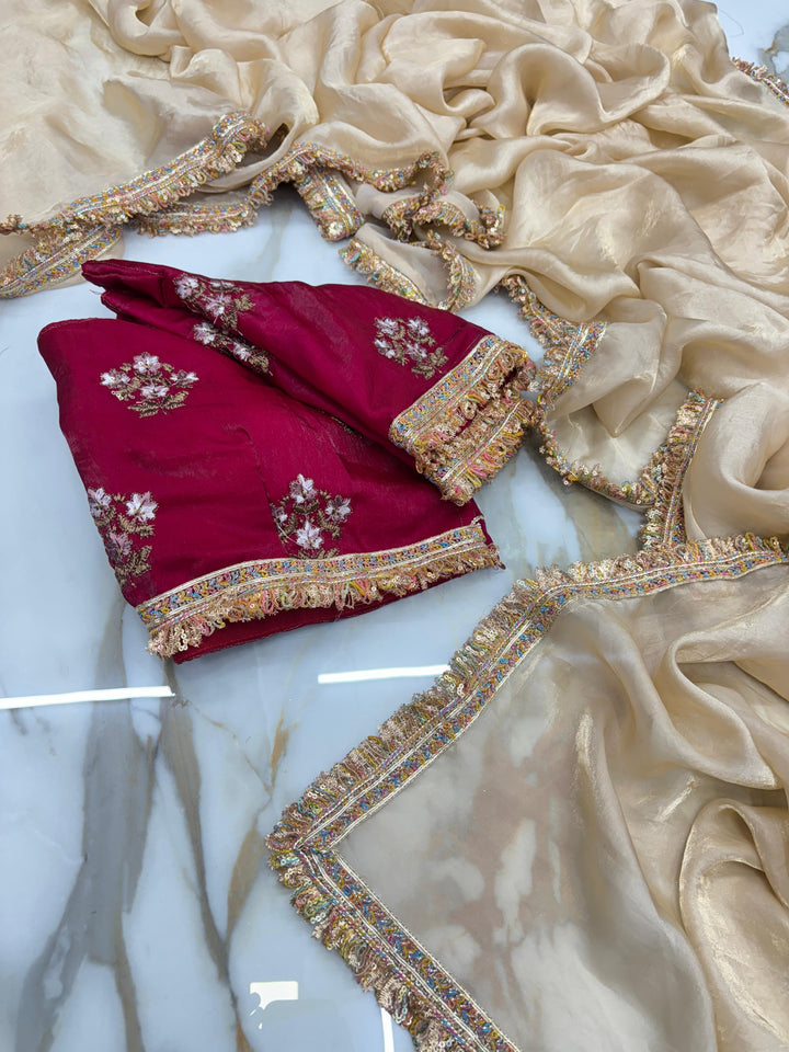 Dark Ivory Shimmery Tissue Saree With Pretty Lace Work
