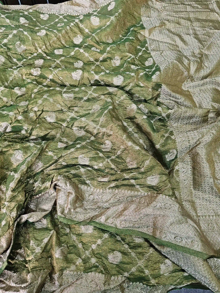 Dark Mehendi Green Crush Tissue Silk Jacquard Banarasi Saree