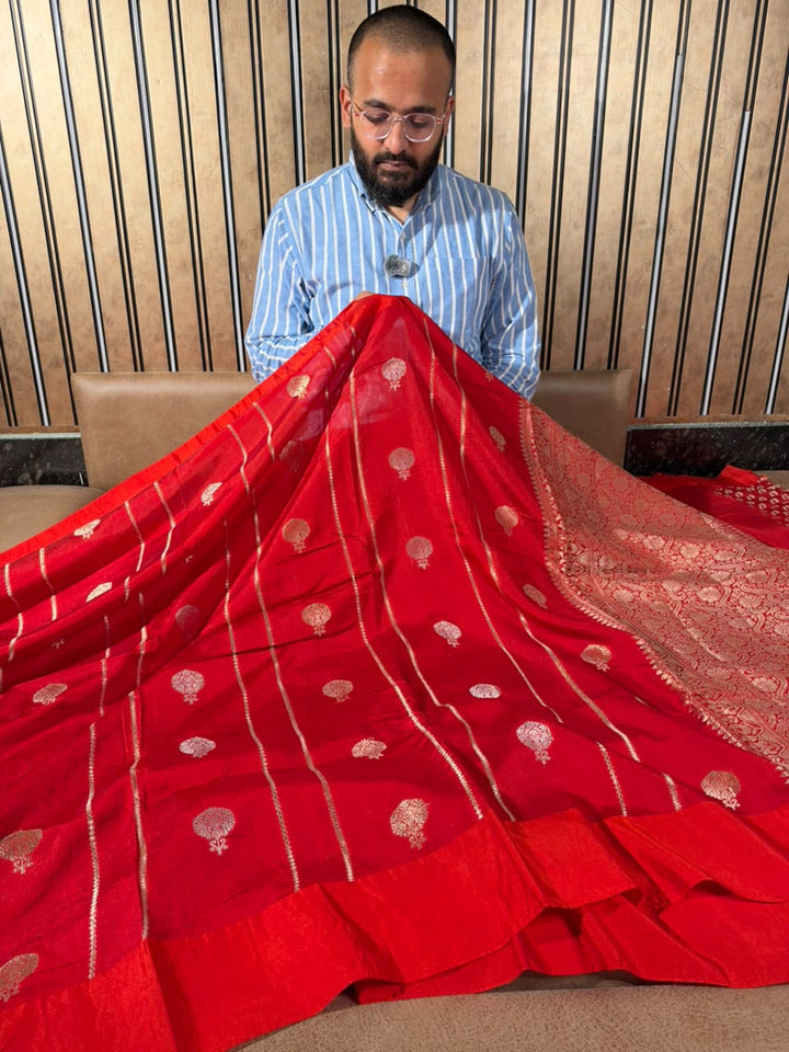 Dark Rani Contemporary Chinia Silk Banarasi Saree