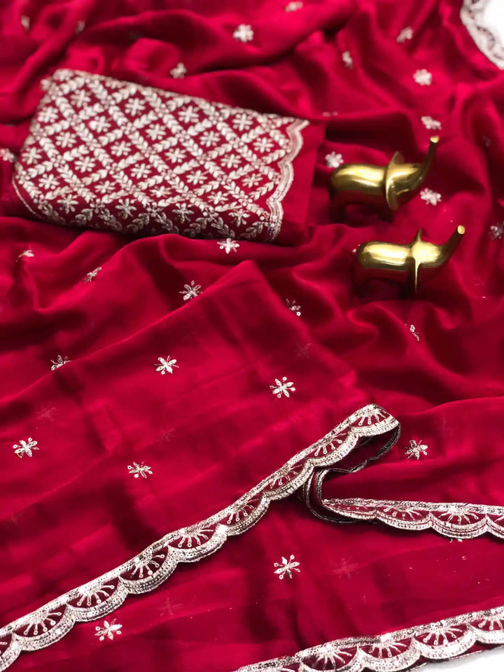 Dark Red Mashru Katan Silk Saree with Fancy Embroidery Work and Lace Work