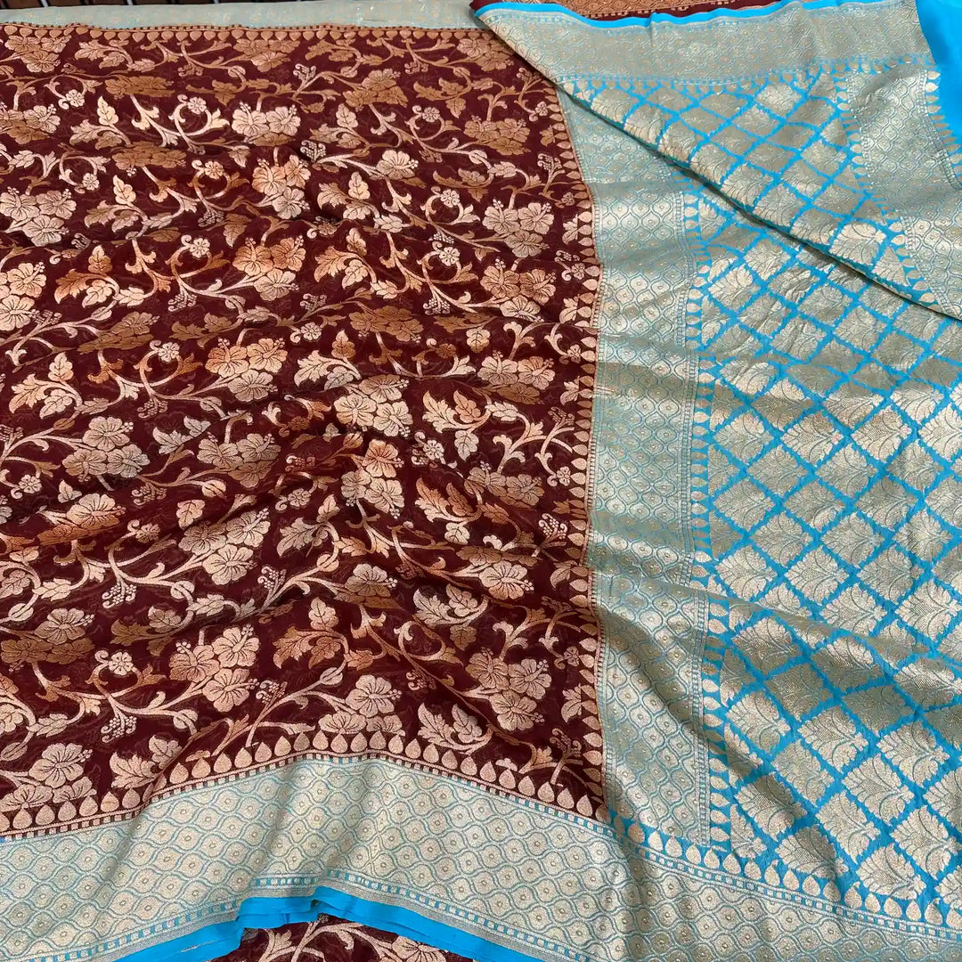 Dark Wine Floral Jaal Khaddi Georgette Banarasi Saree