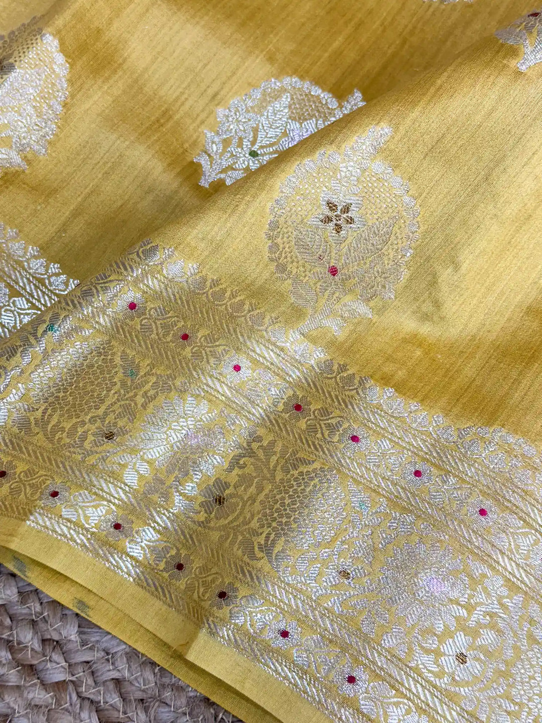 Dark Yellow Meenakari Buta Chiniya Silk Saree