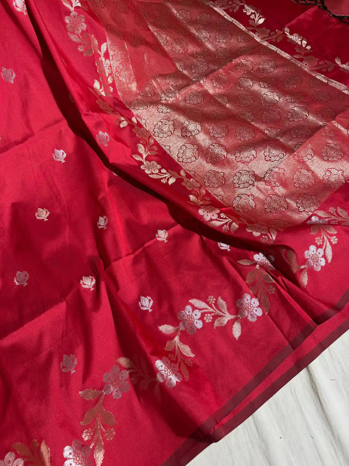 Deep Carmine Red Pure Chiniya silk saree with rich pallu and blouse