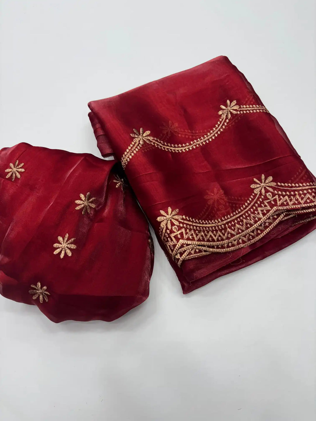 Deep Carmine Shimmery Tissue Silk Saree with Lace Work
