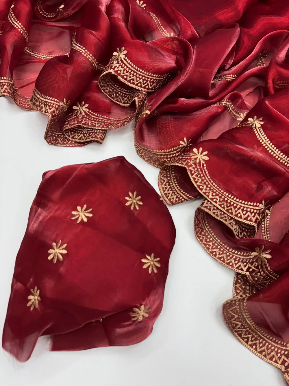 Deep Carmine Shimmery Tissue Silk Saree with Lace Work