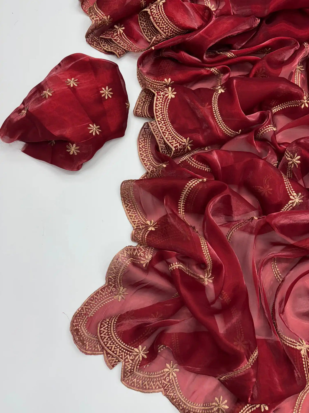 Deep Carmine Shimmery Tissue Silk Saree with Lace Work