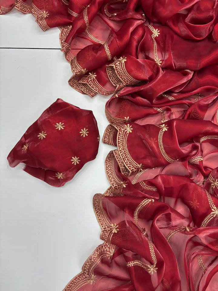 Deep Carmine Shimmery Tissue Silk Saree with Lace Work