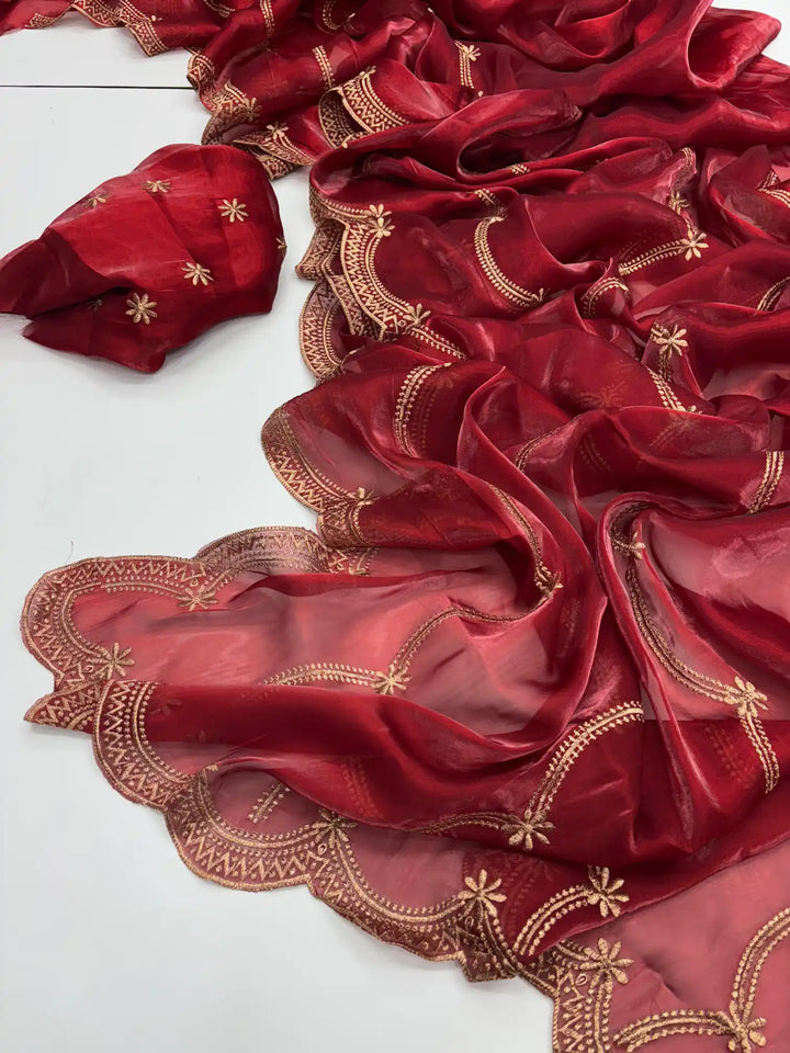 Deep Carmine Shimmery Tissue Silk Saree with Lace Work